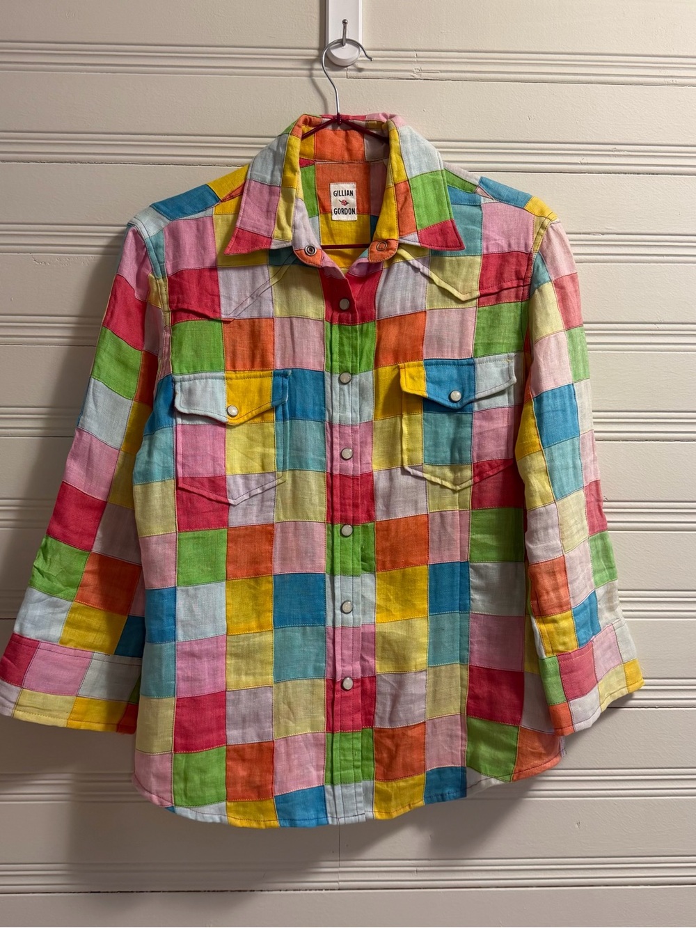 Vintage Gillian Gordon Rainbow Patchwork Linen Snap Shirt XS - Picture 7 of 7